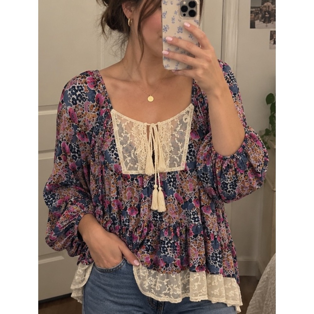 Matilda Jane Floral Peasant Blouse Medium Lace Tassel Tie Boho Cottagecore